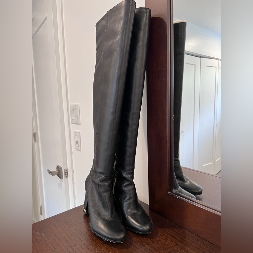 Michael Kors Black Leather Boots with Gold Accents